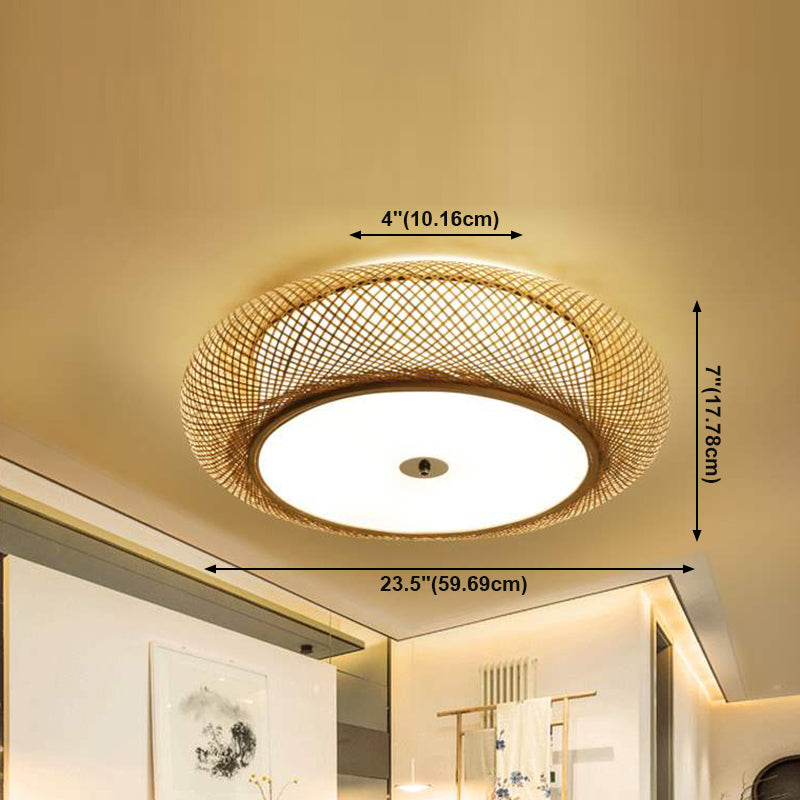 Drum Bamboo Flush Mount Lamp Asian Style Ceiling Lamp for Sitting Room