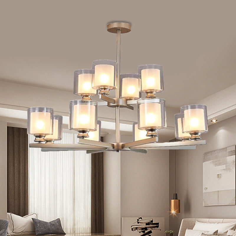 2-Tier Cylinder White Glass Chandelier with Radial Design Modernist 12 Lights Black/Gold/Sliver Hanging Light Fixture