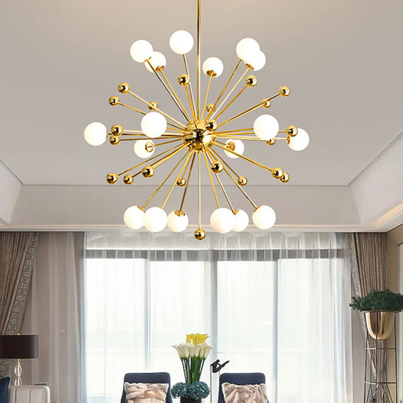 Designer Starburst Metal Chandelier Multi Lights Plafond Gold Plafond Lampe avec une teinte à billes en verre blanche, 23,5 "/31,5" / 39 "de large