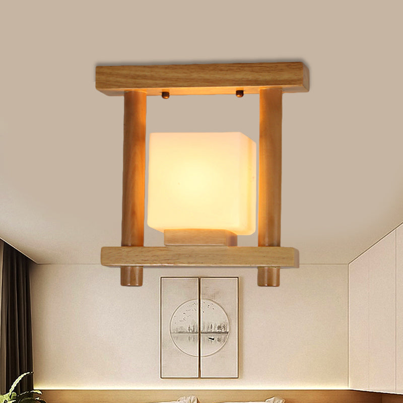 Square Frosted Glass Ceiling Flush Light Contemporary 1 Light Semi Flushmount Lamp in Wood for Staircase