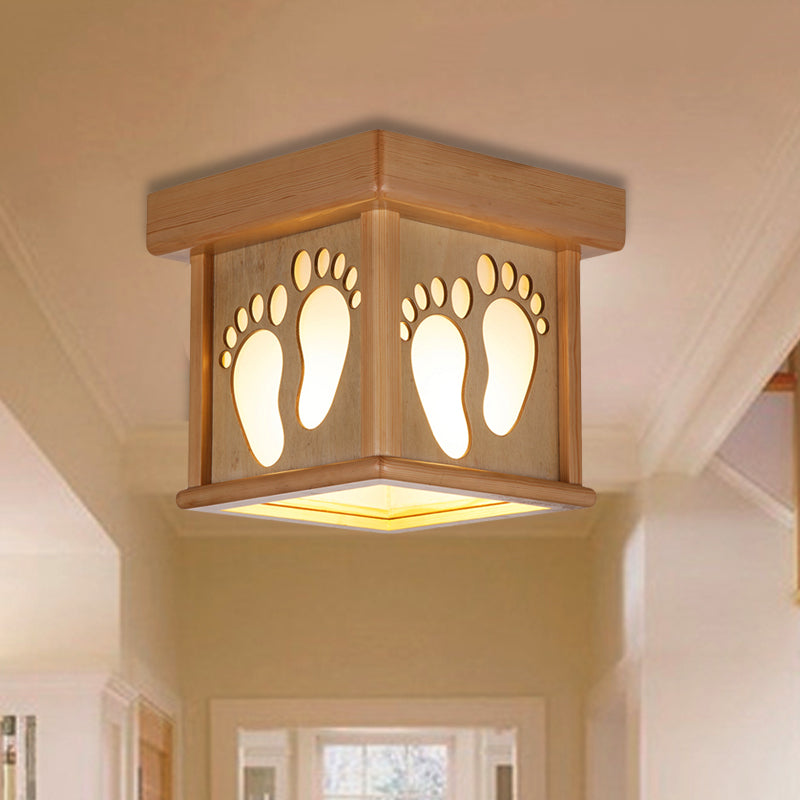 Wood Square Close to Ceiling Light Nordic 1 Light 10" W Flush Mount Light Fixture with Footprints for Dining Room