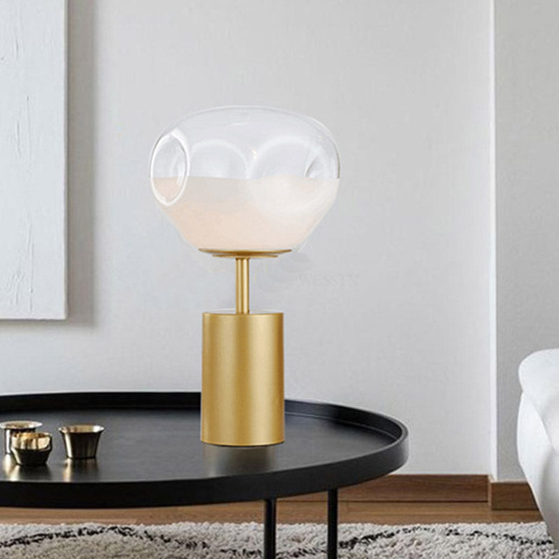 Gold Geometric Night Table Light Modernism 1 Light Metal Nightstand Lamp with Cream Dimple Glass Shade