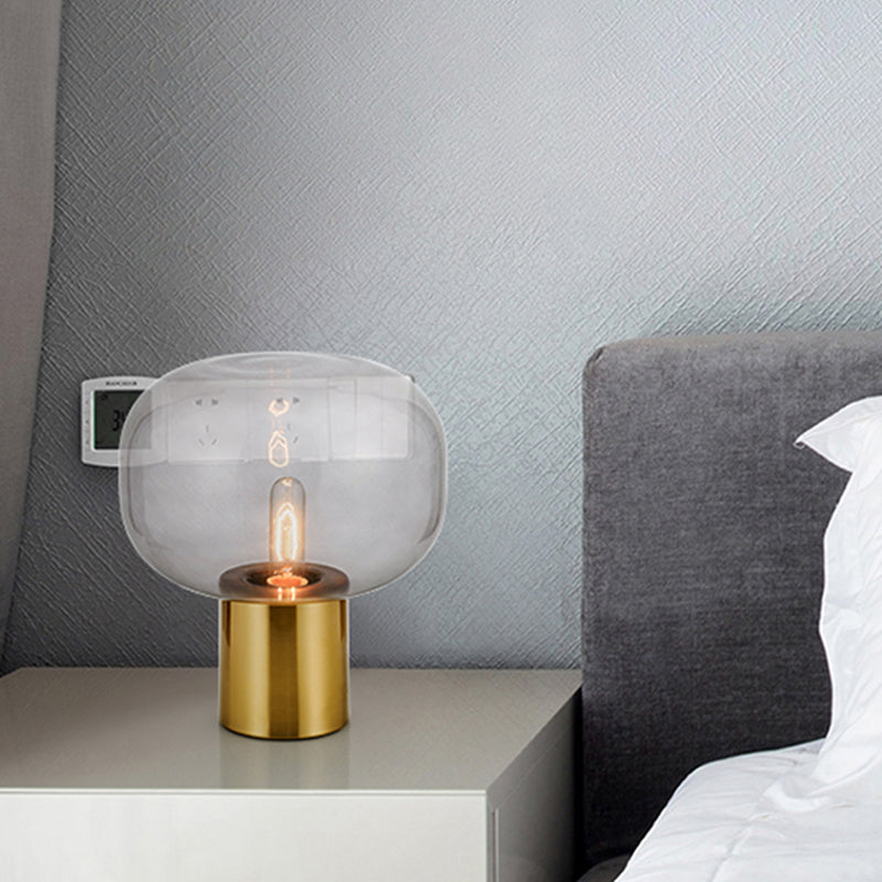 Minimalist 1-Bulb Nightstand Lamp Gold Oval Metal Table Lighting with Smoke Gray Glass Shade