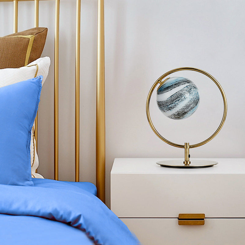 1-Light Bedroom Table Light Post-Modern Gold LED Metal Nightstand Lamp with Circular Frosted Glass Shade