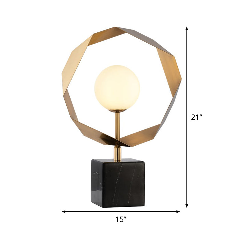 Global Marble Night Table Lamp Luxury 1-Bulb Gold Nightstand Lighting with Milky Glass Shade for Bedroom