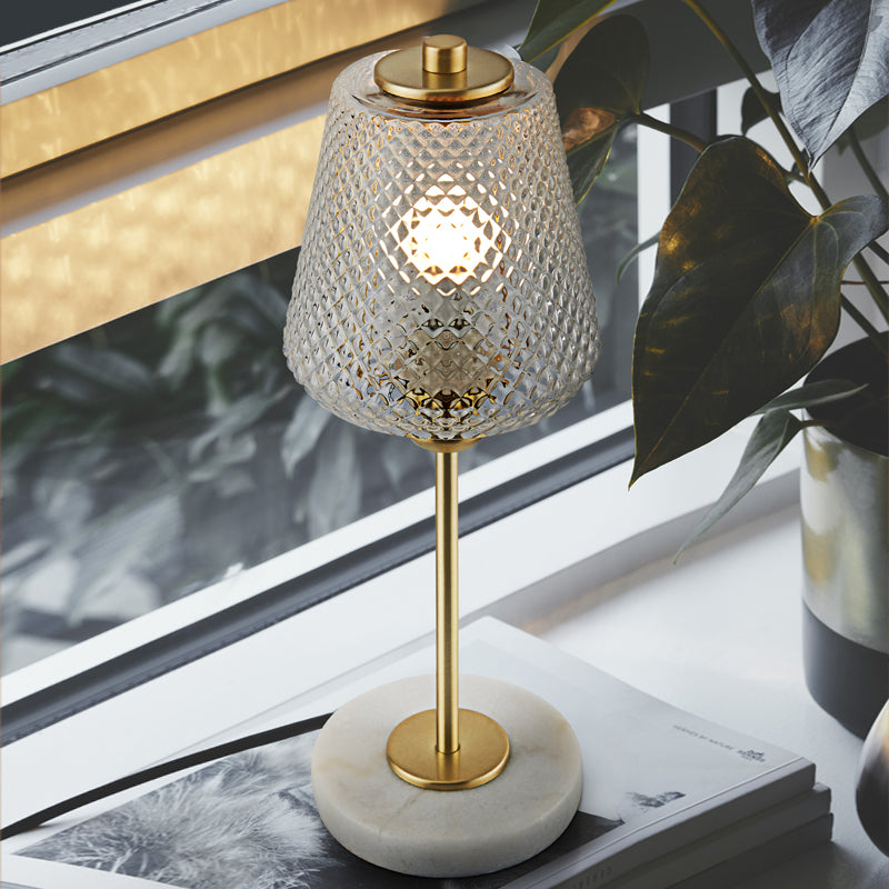 Modern 1-Bulb Table Lamp Gold Conical Nightstand Lighting with Clear Prismatic Glass Shade, 5.5"/12" Wide