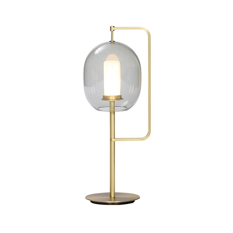 1-Light Living Room Night Lamp Simplicity Gold Table Light with Oval Smoke Gray Glass Shade