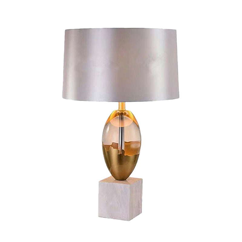 Fabric Drum Desk Light Modern 1 Head Grey Night Table Lamp with White Square Marble Base