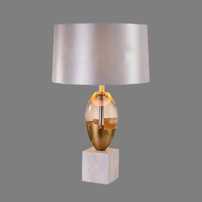 Fabric Drum Desk Light Modern 1 Head Grey Night Table Lamp with White Square Marble Base