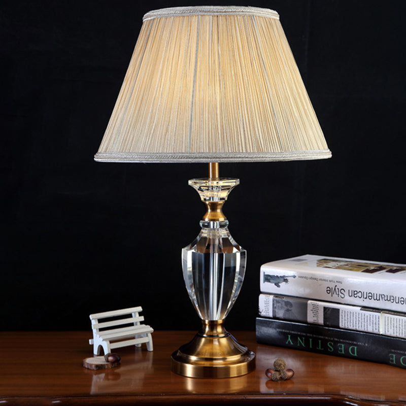 Beige Urn Desk Lamp Modern 1 Head Beveled Crystal Table Light with Cone Fabric Shade