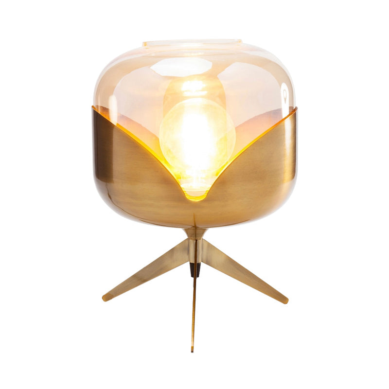 Gold Oval Nightstand Lamp Luxurious 1-Bulb Metal Night Lighting with Amber Glass Shade