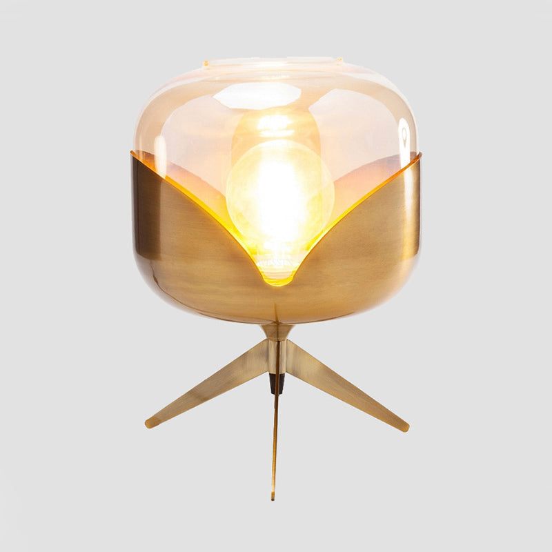 Gold Oval Nightstand Lamp Luxurious 1-Bulb Metal Night Lighting with Amber Glass Shade