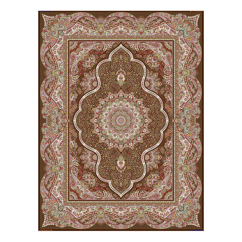 Brown Vintage Rug Polyester Medallion Rug Non-Slip Backing Rug for Home Decor