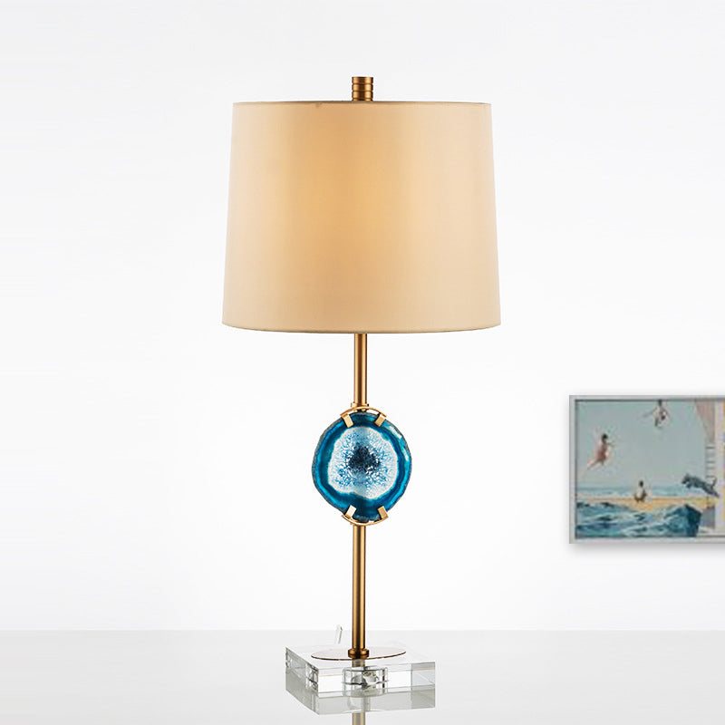 1 Head Living Room Desk Light Modern Blue Night Table Lamp with Barrel Fabric Shade