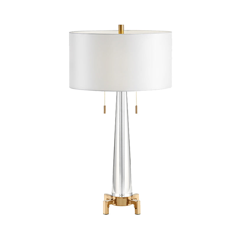 Conical Fabric Task Light Modern Hand-Cut Crystal 2 Bulbs Nightstand Lamp in White with Pull Chain