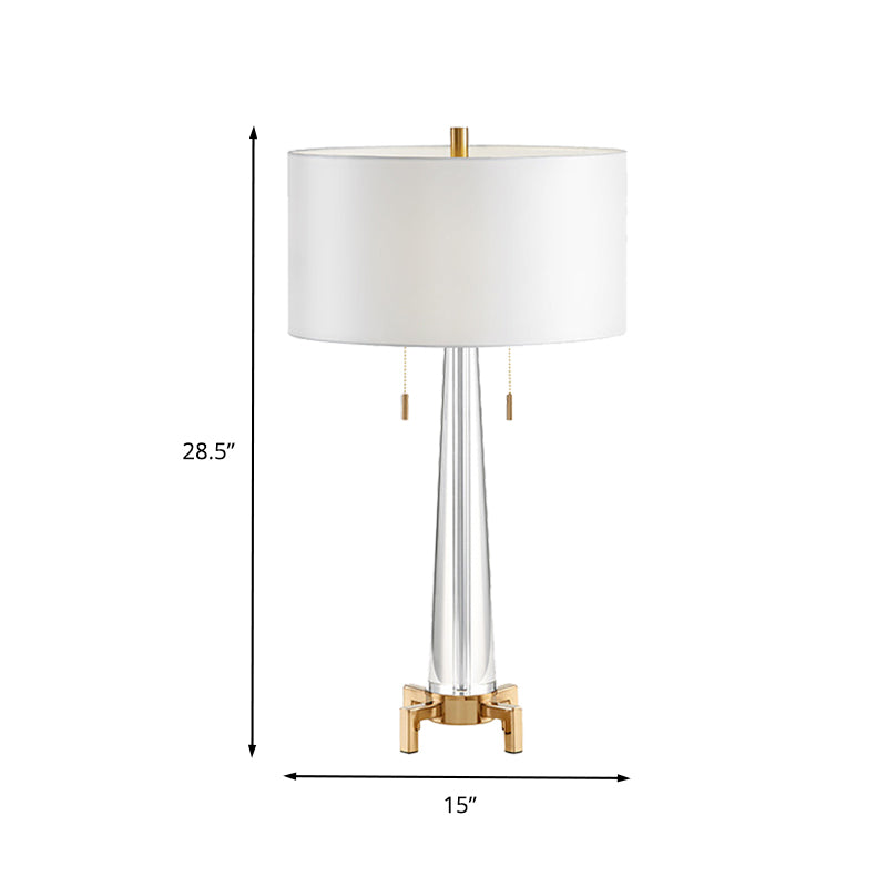 Conical Fabric Task Light Modern Hand-Cut Crystal 2 Bulbs Nightstand Lamp in White with Pull Chain