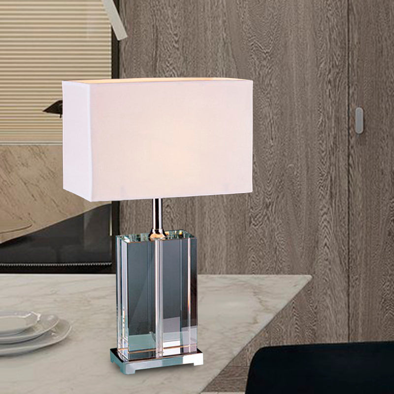 Modernism Rectangular Reading Light Clear Crystal 1 Bulb Fabric Shade Nightstand Lamp in White