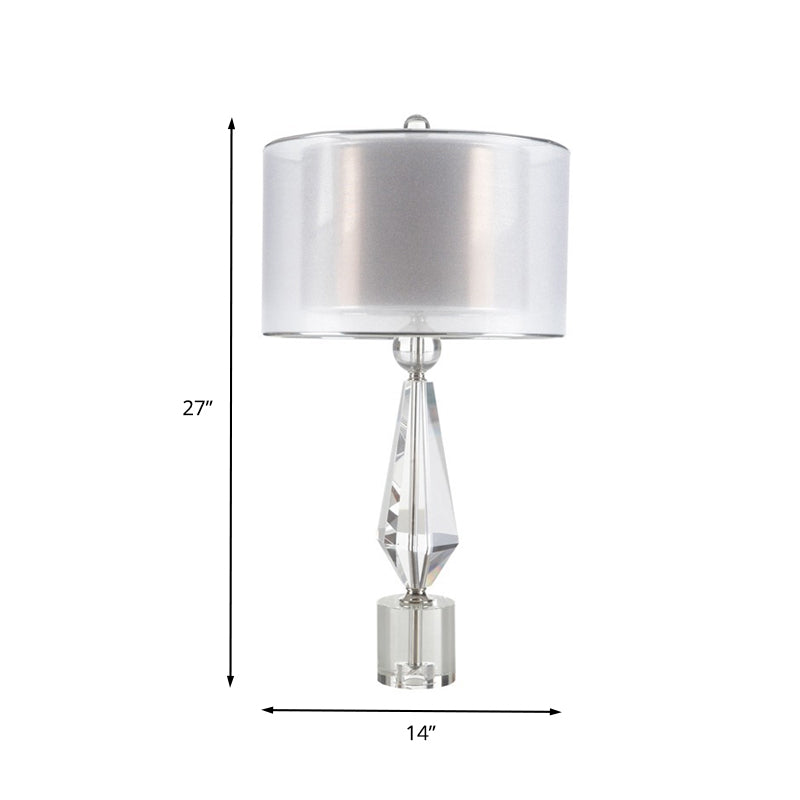 Fabric Cylinder Desk Light Modernist 1 Bulb White Night Table Lamp with Clear Crystal Base