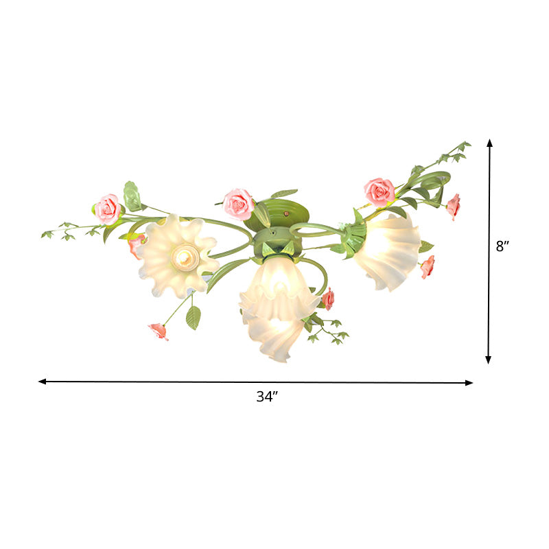 Metall weiße/grüne Deckenbehandlung mit 4 Lampen -Pastoralblüten halb Flush Licht für Schlafzimmer überbrochen
