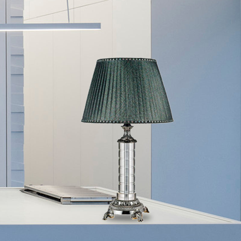 Pleated Fabric Table Lamp Modern 1 Head Green Desk Light with Carved Bronze Metal Base