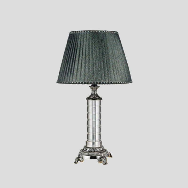 Pleated Fabric Table Lamp Modern 1 Head Green Desk Light with Carved Bronze Metal Base