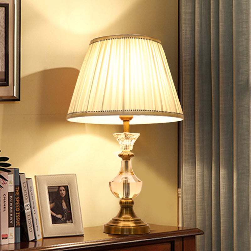 Jar Desk Lamp Modern Beveled Crystal 1 Bulb Beige Table Light with Cone Fabric Shade