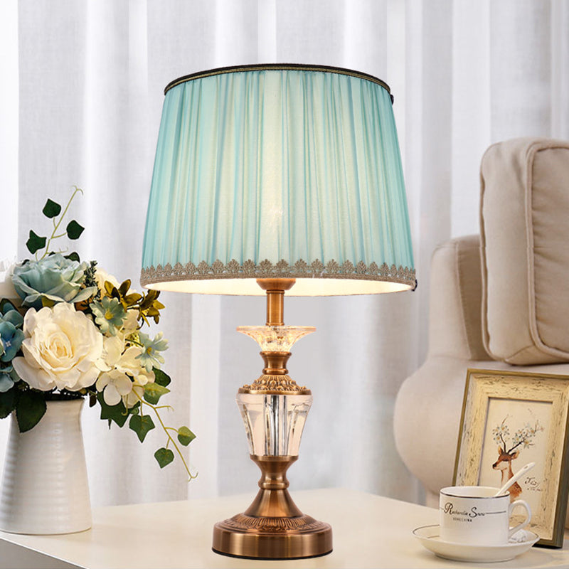 Drum Shade Crystal Reading Light Modernism Fabric 1 Head Nightstand Lamp in Blue/Beige