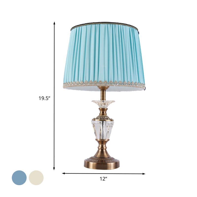 Tamburo cristallo di cristallo leggero modernismo tessuto 1 comodino lampada in blu/beige