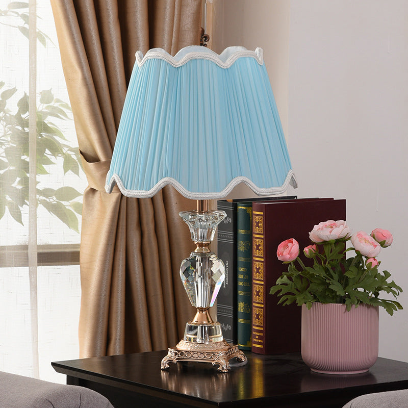 Fabric Cone Table Light Modern 1 Head Desk Lamp in Blue with Sculpted Bronze Metal Base