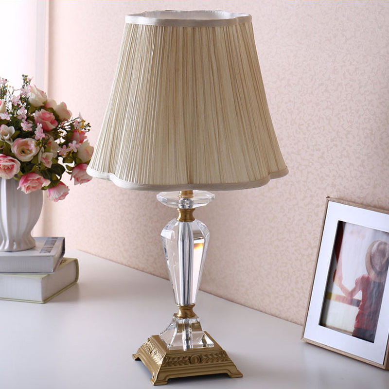 Tapered Table Lamp Modern Beveled Crystal 1 Bulb Task Light in Beige with Fabric Shade