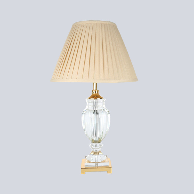 Contemporary 1 Head Crystal Table Light Beige Conical Small Desk Lamp with Fabric Shade