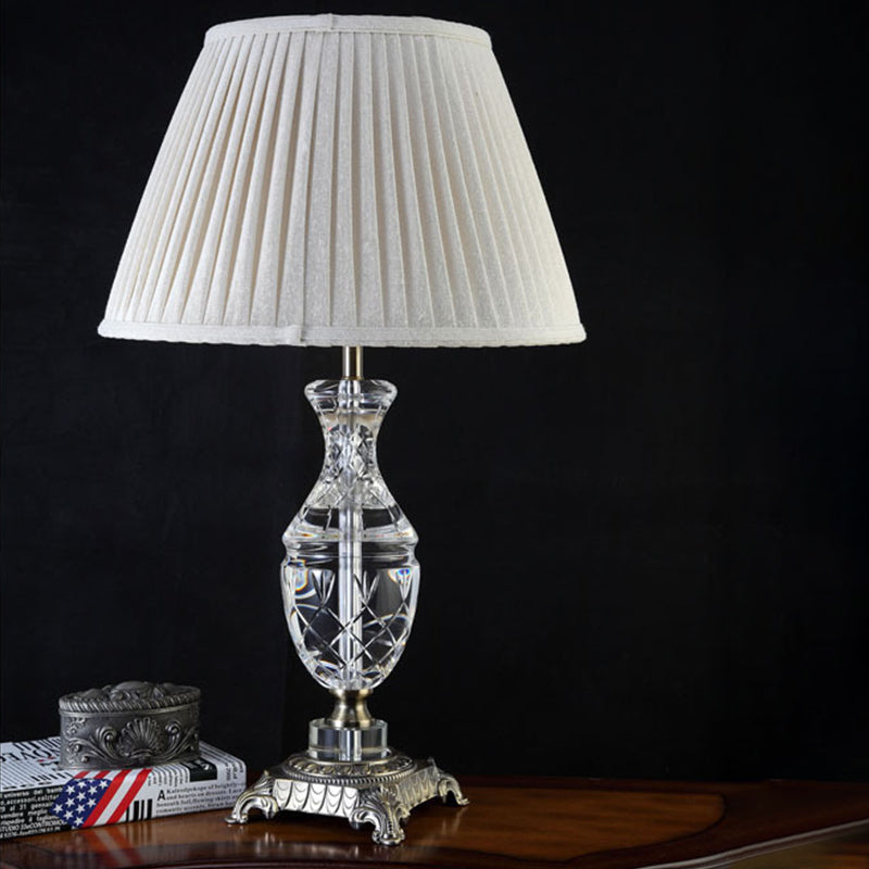 Fabric Shaded Desk Lamp Modern 1 Head Grey Table Light with Carved Bronze Metallic Pedestal