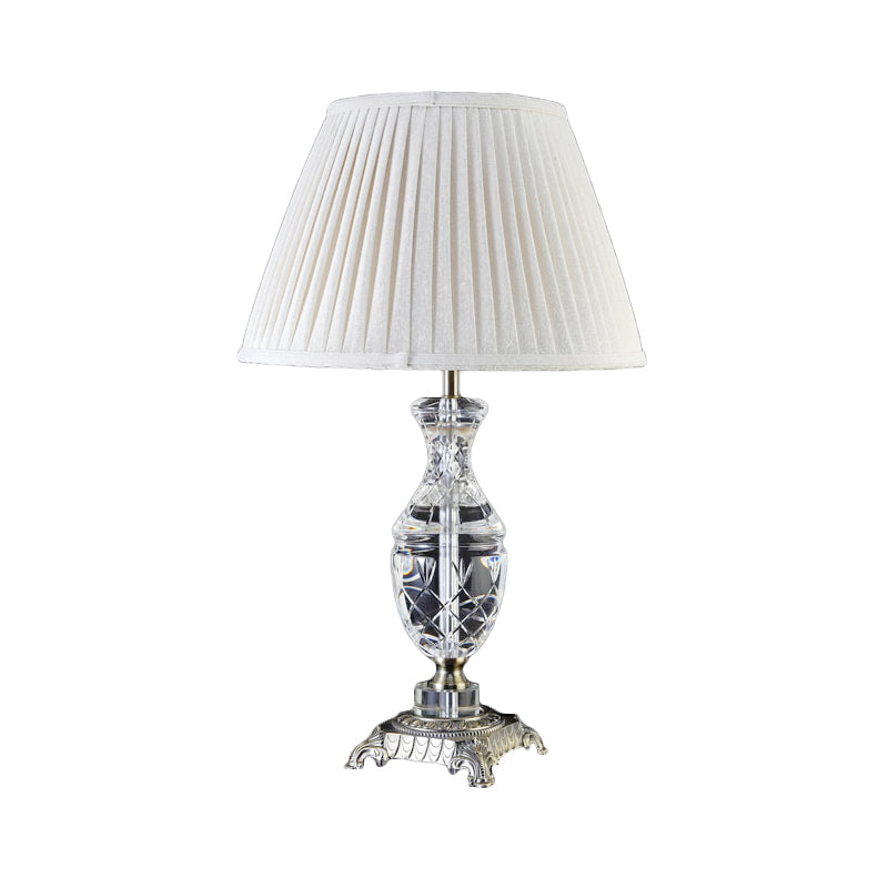 Fabric Shaded Desk Lamp Modern 1 Head Grey Table Light with Carved Bronze Metallic Pedestal