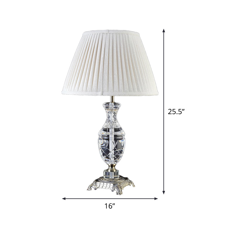 Fabric Shaded Desk Lamp Modern 1 Head Grey Table Light with Carved Bronze Metallic Pedestal