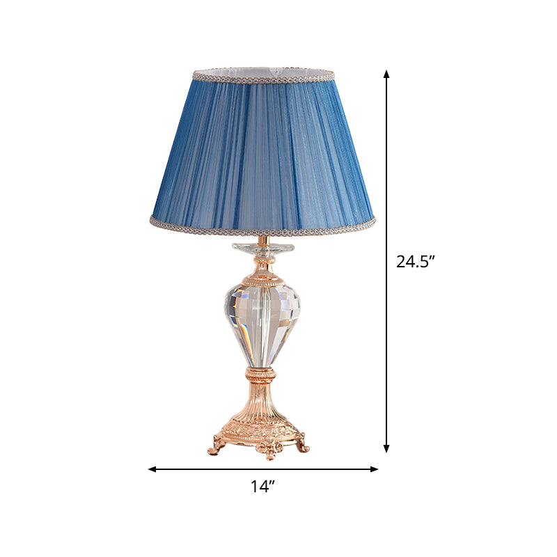 Lampada da scrivania ombreggiata tessuto moderno 1 lampadina da tavolo blu con base in metallo in rame scolpito