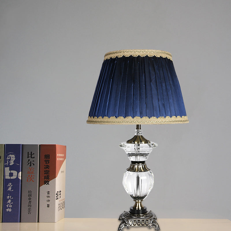 Tapered Drum Crystal Desk Light Contemporary Fabric 1 Head Night Table Lamp in Blue