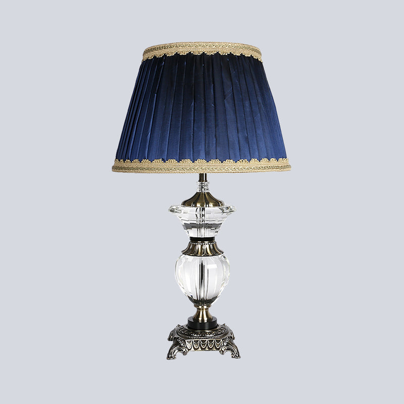 Tapered Drum Crystal Desk Light Contemporary Fabric 1 Head Night Table Lamp in Blue