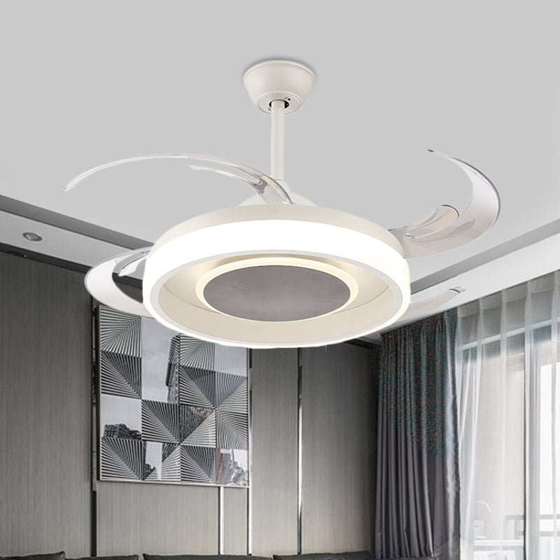 42" Wide White LED Pendant Fan Light Minimalist Acrylic Circular Semi Flush Mount Ceiling Fixture for Bedroom, 4 Clear Blades