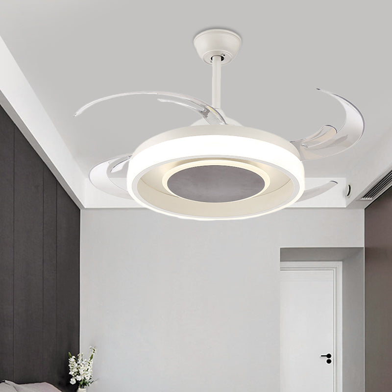 42" Wide White LED Pendant Fan Light Minimalist Acrylic Circular Semi Flush Mount Ceiling Fixture for Bedroom, 4 Clear Blades