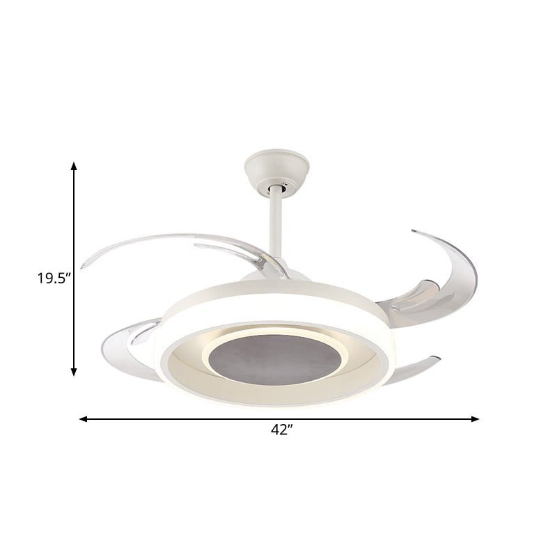 42" Wide White LED Pendant Fan Light Minimalist Acrylic Circular Semi Flush Mount Ceiling Fixture for Bedroom, 4 Clear Blades