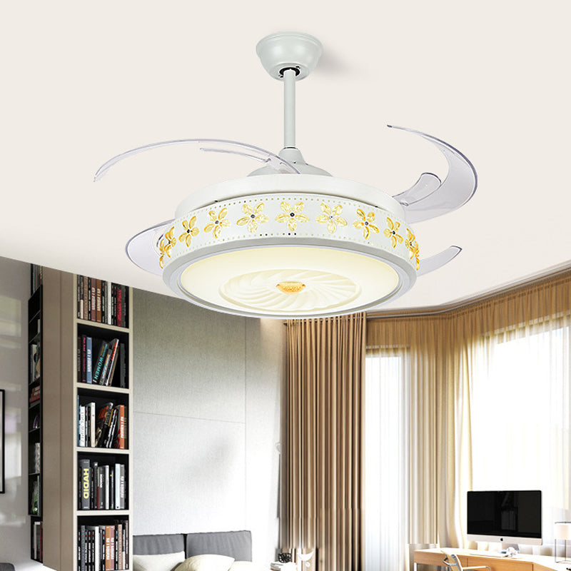 Metal White Fan Lamp Circle LED 42" Wide Modern Semi Flush Ceiling Light Fixture for Dining Room, 4 Clear Blades