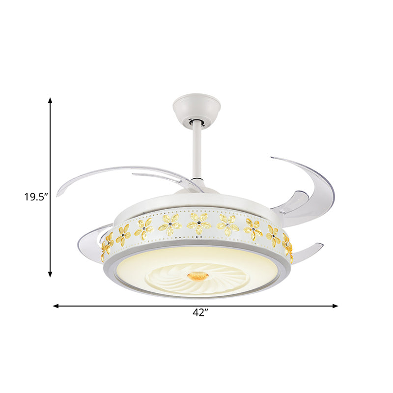 Metal White Fan Lamp Circle LED 42" Wide Modern Semi Flush Ceiling Light Fixture for Dining Room, 4 Clear Blades