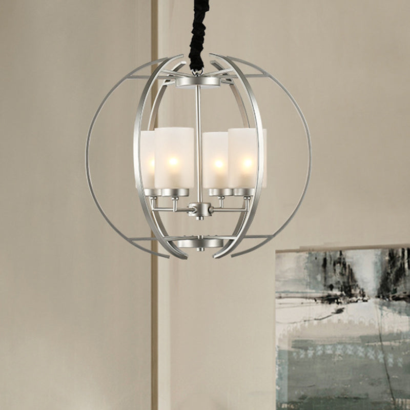 Cylinder Frosted Glass Hanging Light Contemporary 4-Head White Up Chandelier Pendant with Sphere Frame