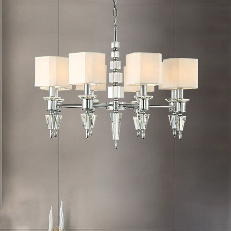 Iron Cube Ceiling Pendant Modern 6 Lights Chrome Hanging Chandelier Fixture with Fabric Shade