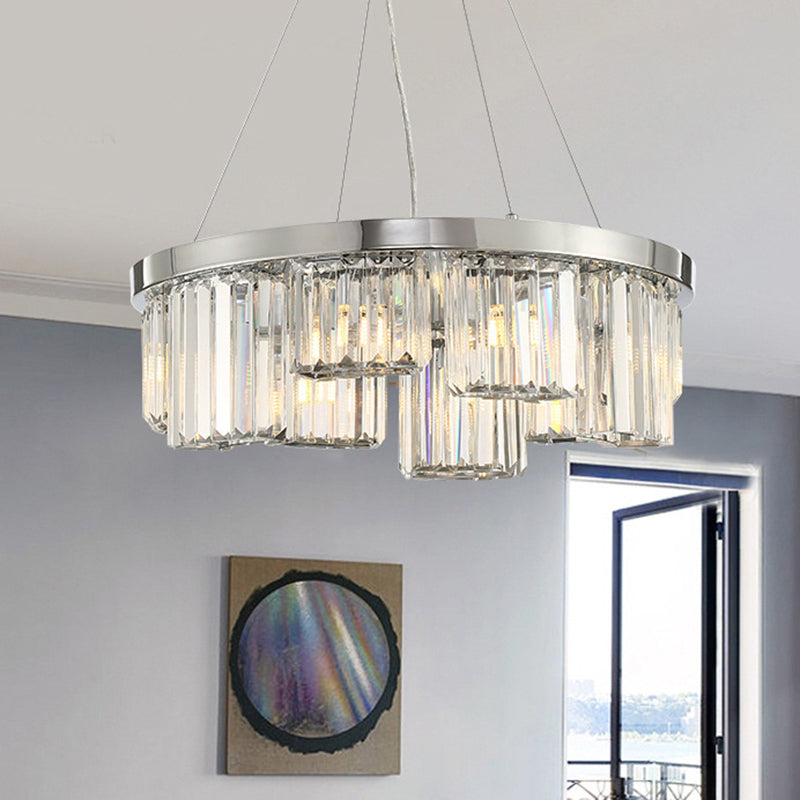 Simple Round Chandelier Lighting Crystal 10 Lights Living Room Hanging Ceiling Pendant in Chrome