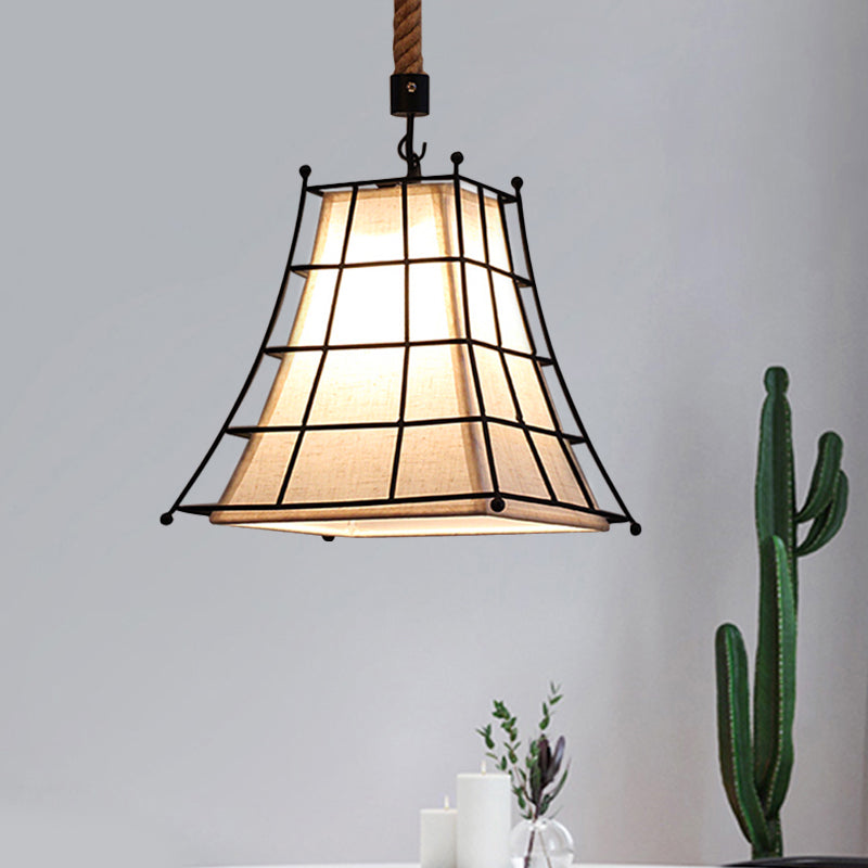 Wire Frame Flared Hanging Lamp with Fabric Shade 1 Light Rustic Suspension Light in Black