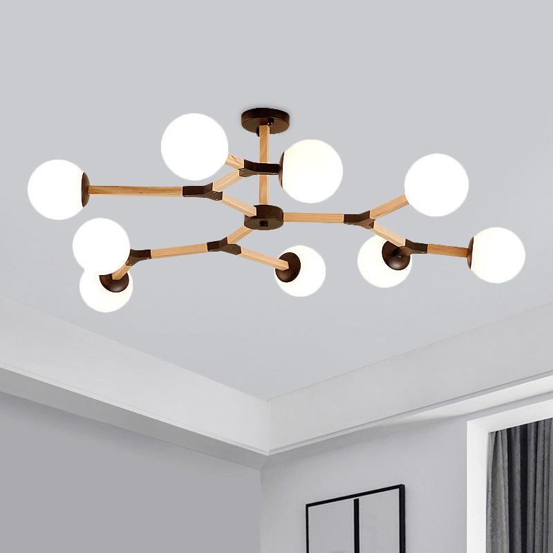 White/Black/Gold Branch Chandelier Lighting Contemporary 3/6/9 Lights Wood Hanging Ceiling Lamp with White Glass Global Shade