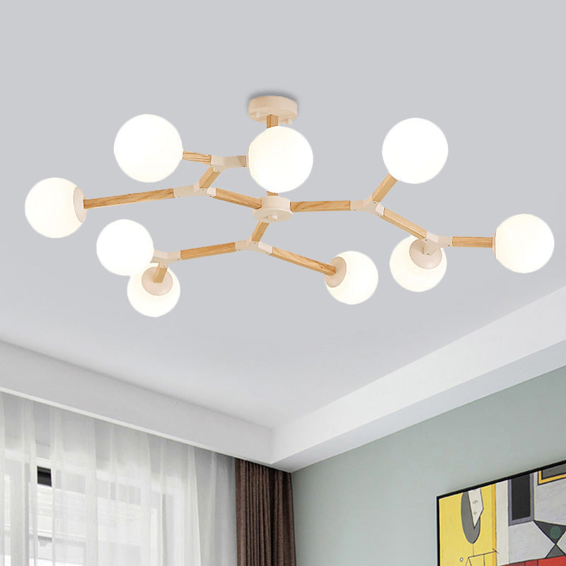 White/Black/Gold Branch Chandelier Lighting Contemporary 3/6/9 Lights Wood Hanging Ceiling Lamp with White Glass Global Shade