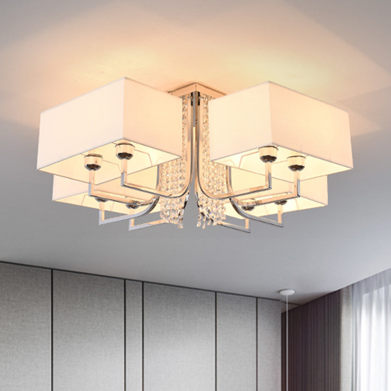 Cubic Fabric Shade Semi Flush plafondlicht met kristalval Eigentijds wit slaapkamer plafondlamp, 23,5 "/31,5" breed