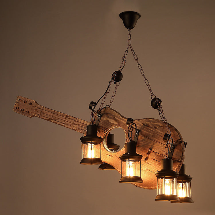 Gitarre Kronleuchter Licht rustikaler Stil aus Holz Cafe Bar Pendellicht mit Glaskerosinlaterne